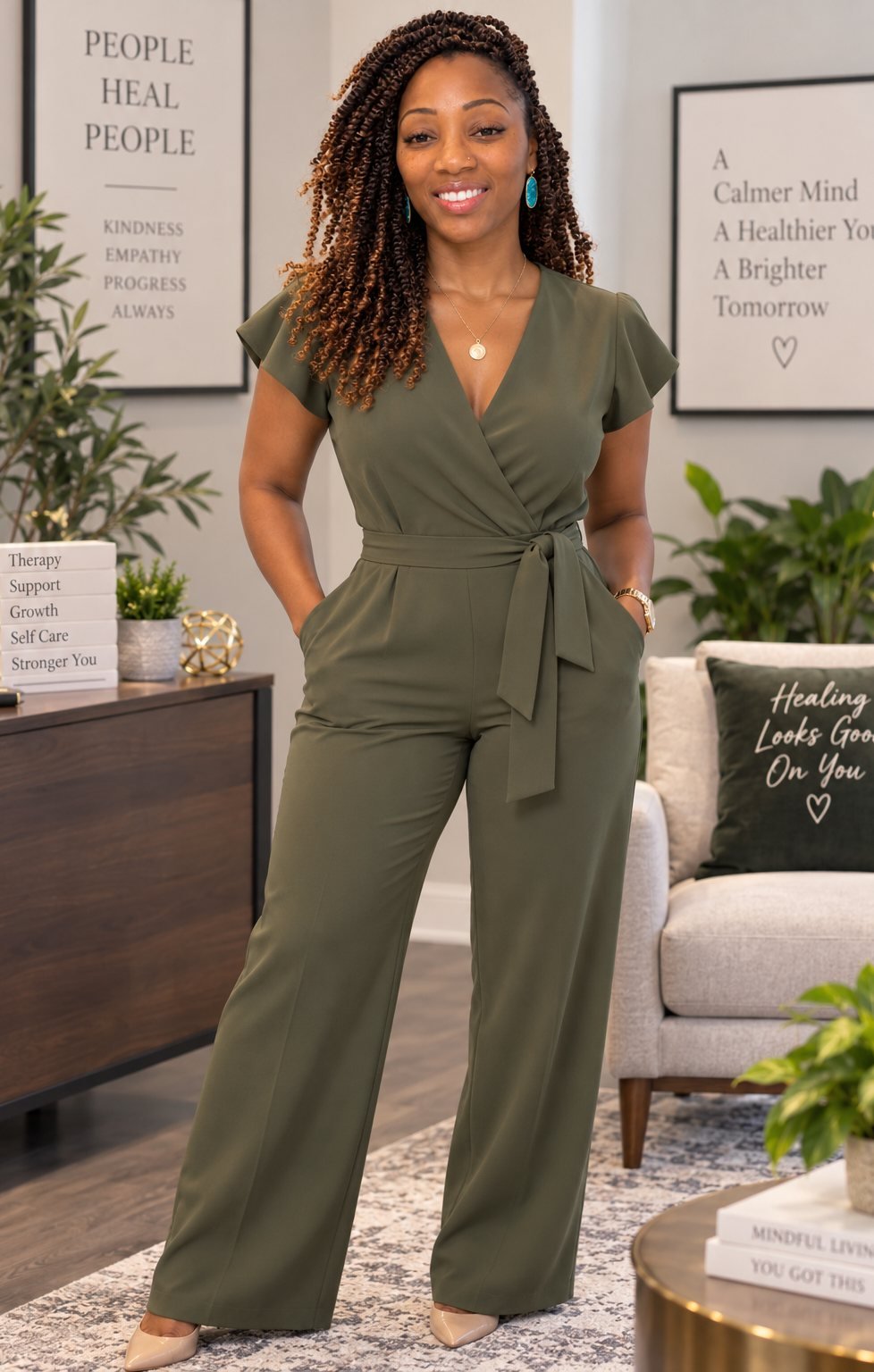 IBY About - Counselor Portrait Smiling IBY counselor standing in a cozy, plant-filled counseling room